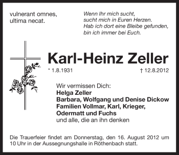 Traueranzeige von Karl-Heinz Zeller von Pegnitz-Zeitung